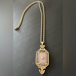 Vintage Avon Pink Camphor Glass Pendant Gold Trim Longer Necklace 1977